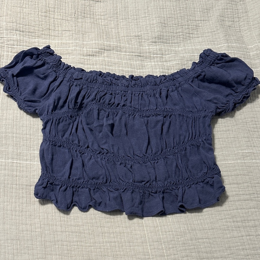 BP Navy Off-Shoulder Smocked Crop Top